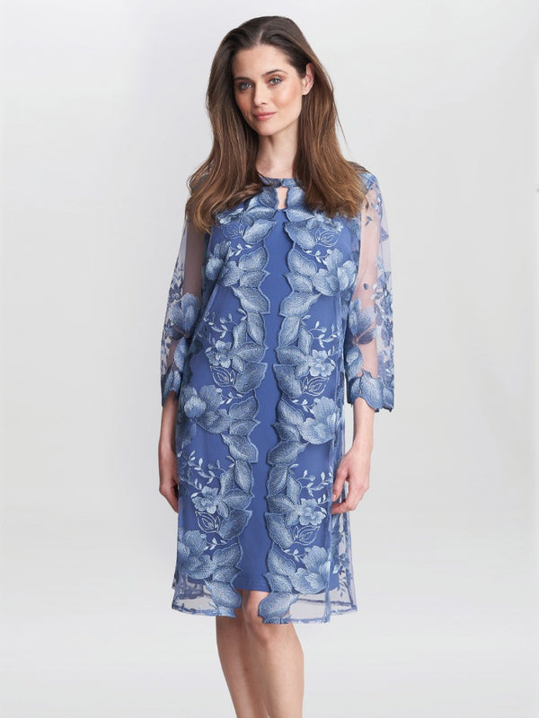 gina bacconi Savoy embroidered lace mock jacket with jersey dress BLUE