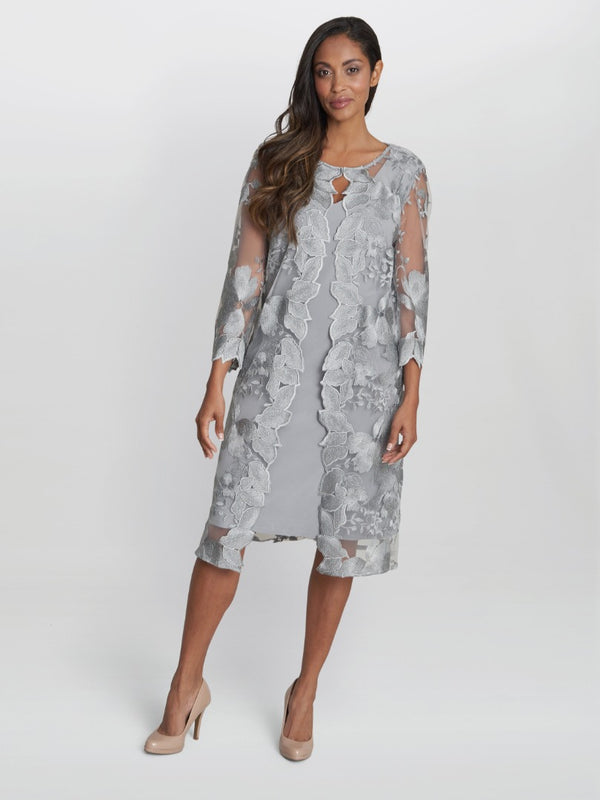 gina bacconi Savoy embroidered lace mock jacket with jersey dress Dove Grey
