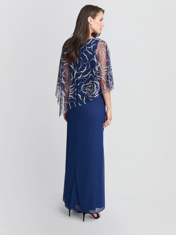 Gina Bacconi Sephora Chiffon Tank Dress With Asymmetric Capelet NAVY
