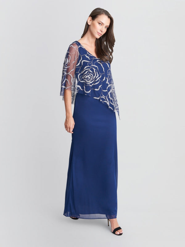 Gina Bacconi Sephora Chiffon Tank Dress With Asymmetric Capelet NAVY