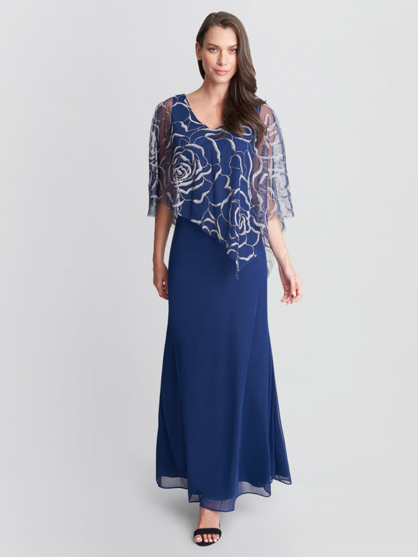 gina bacconi Sephora chiffon tank dress with asymmetric capelet NAVY