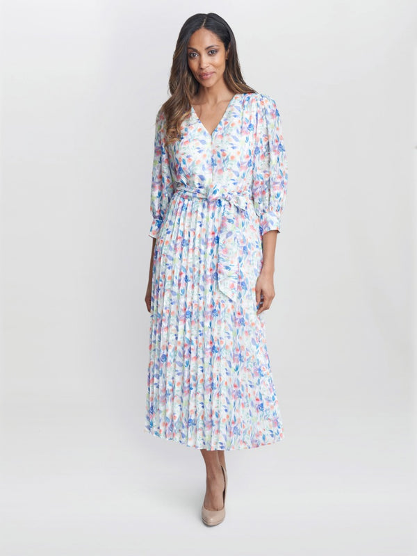 gina bacconi Sicily jacquard print dress with pleated skirt