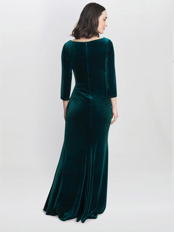 Gina Bacconi Sophie Velvet Maxi Dress With 3/4 Sleeve Dark Green