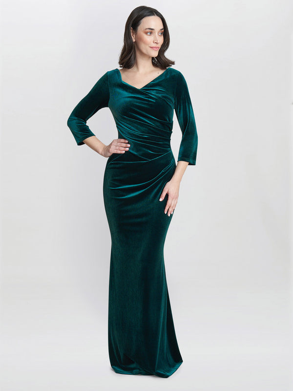 Gina Bacconi Sophie Velvet Maxi Dress With 3/4 Sleeve Dark Green
