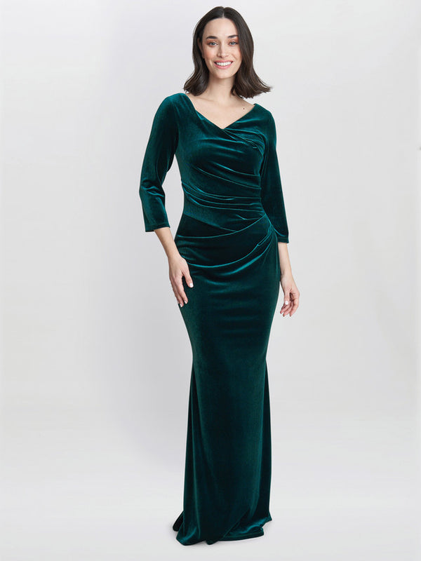 gina bacconi Sophie velvet maxi dress with 3/4 sleeve Dark Green