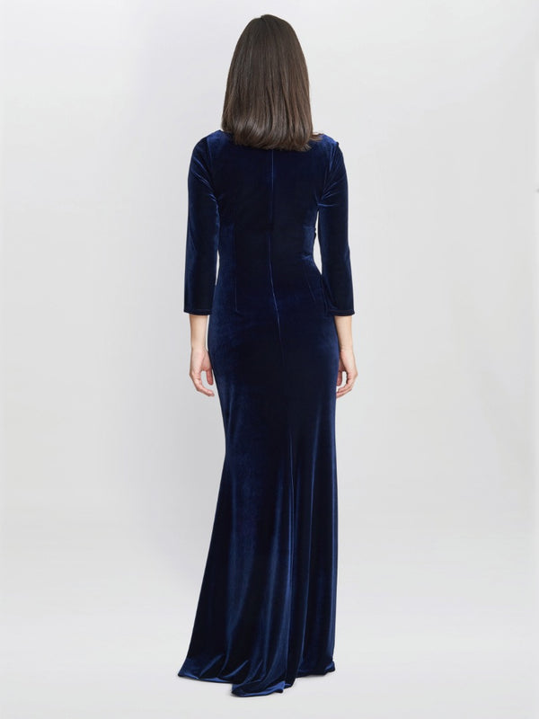 Gina Bacconi Sophie Velvet Maxi Dress With 3/4 Sleeve NAVY