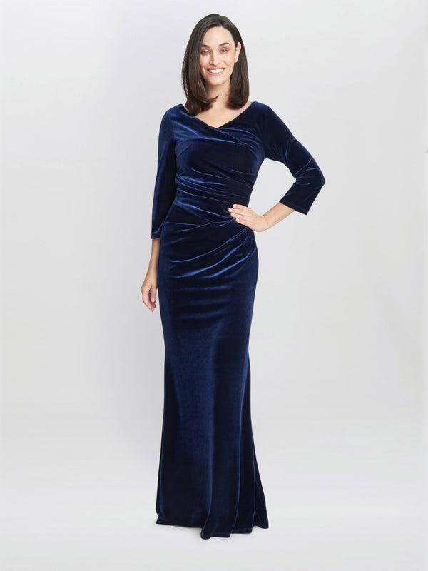 Gina Bacconi Sophie Velvet Maxi Dress With 3/4 Sleeve NAVY