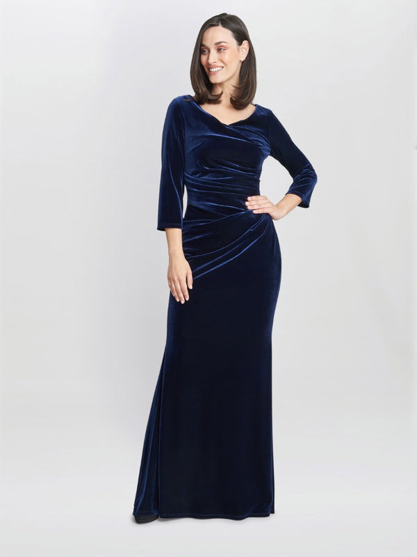 gina bacconi Sophie velvet maxi dress with 3/4 sleeve NAVY