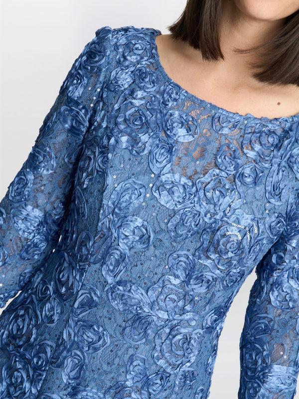 Gina Bacconi Susanna Rosette Maxi Dress With 3/4 Illusion Sleeves