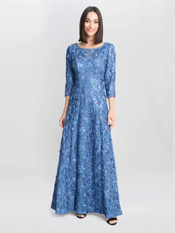 gina bacconi Susanna rosette maxi dress with 3/4 illusion sleeves