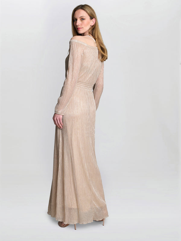 Gina Bacconi Sylvia Metallic Off The Shoulder Dress Gold