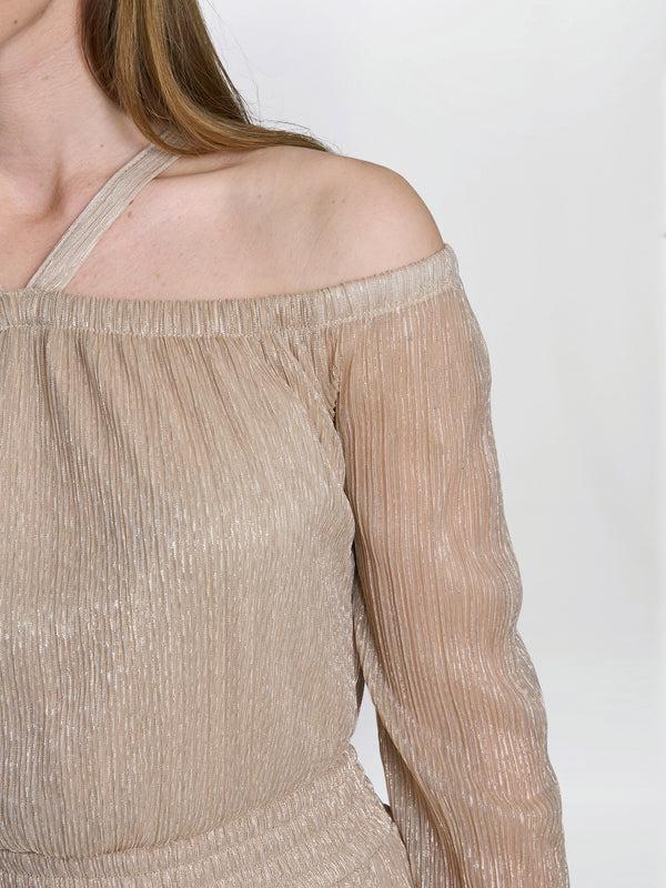 Gina Bacconi Sylvia Metallic Off The Shoulder Dress Gold
