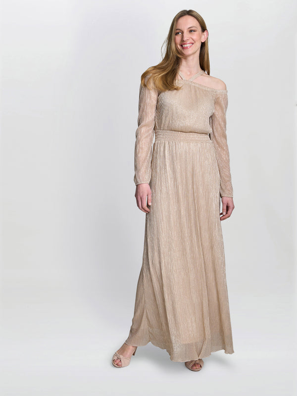 gina bacconi Sylvia metallic off the shoulder dress Gold