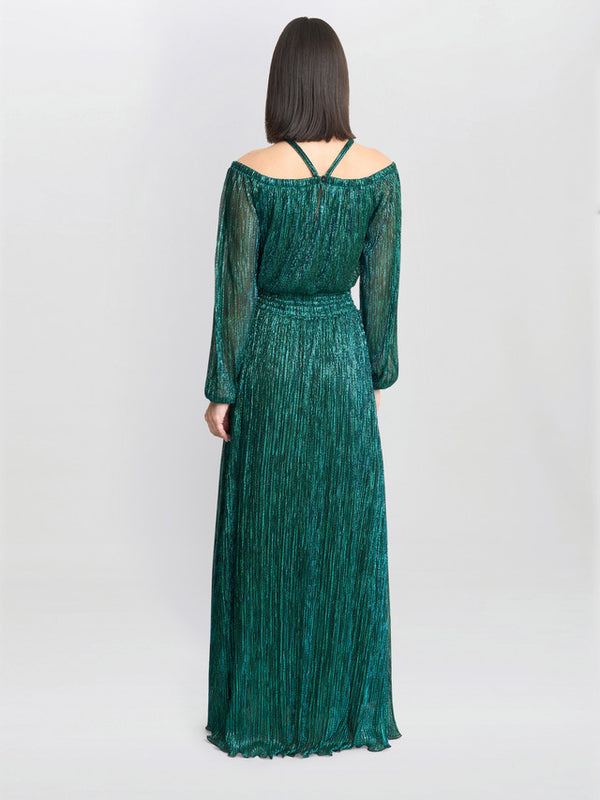 Gina Bacconi Sylvia Metallic Off The Shoulder Dress Green