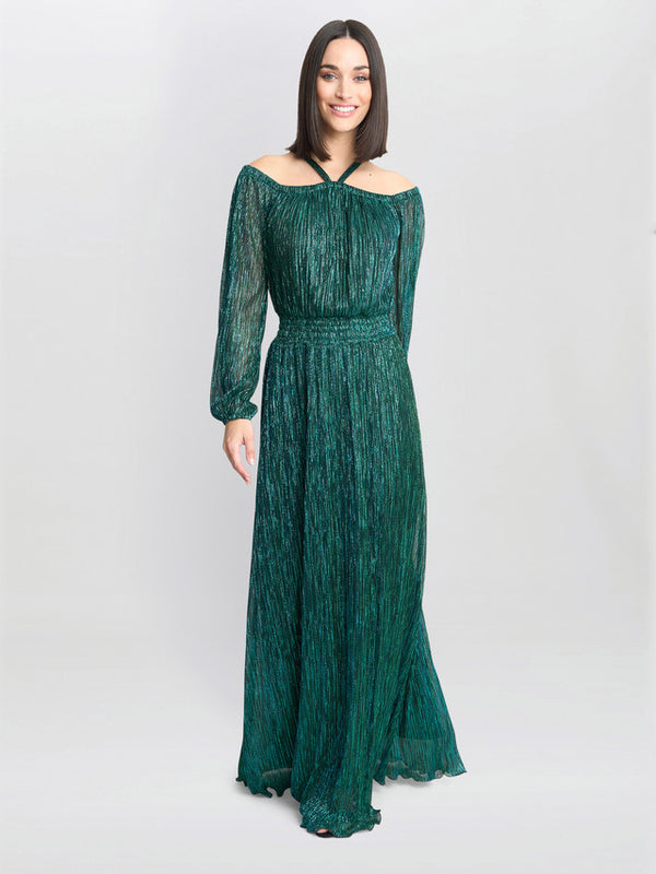 Gina Bacconi Sylvia Metallic Off The Shoulder Dress Green