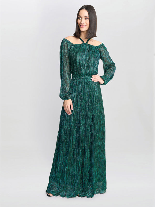 gina bacconi Sylvia metallic off the shoulder dress Green