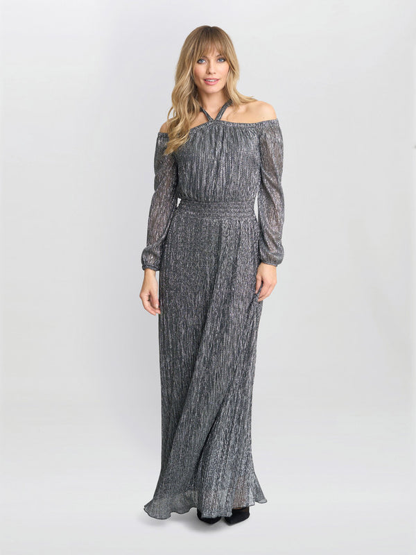 Gina Bacconi Sylvia Metallic Off The Shoulder Dress Silver