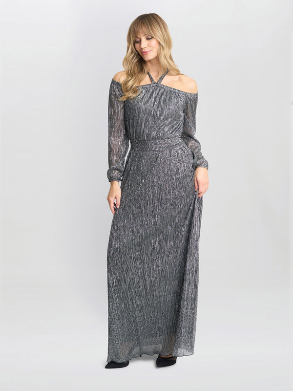 gina bacconi Sylvia metallic off the shoulder dress Silver