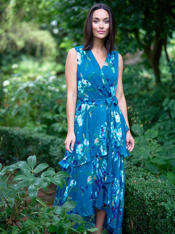 gina bacconi Tamara printed sleeveless maxi dress with belt