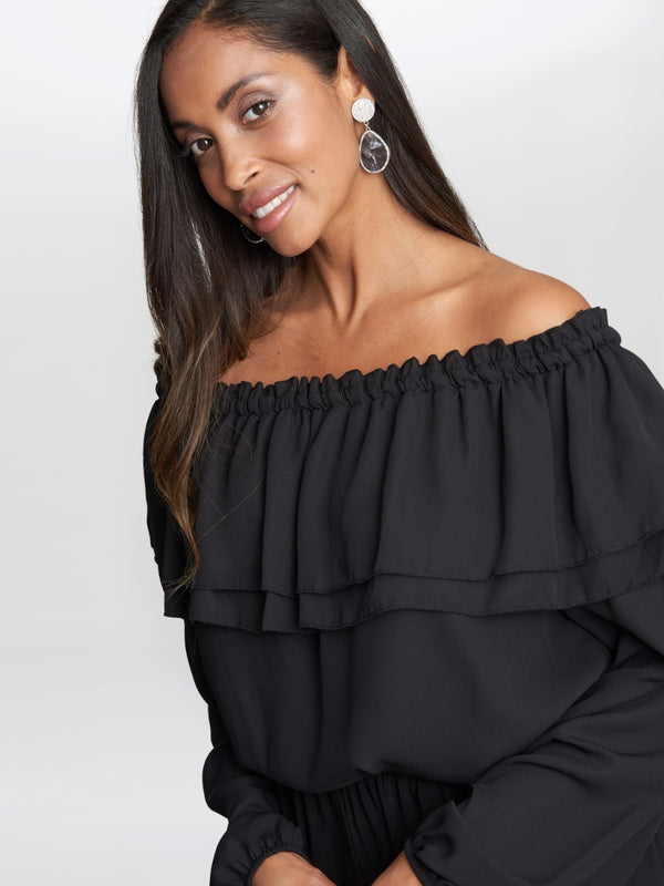 Gina Bacconi Tamora Blouse With Tiered Elastic Neckline BLACK