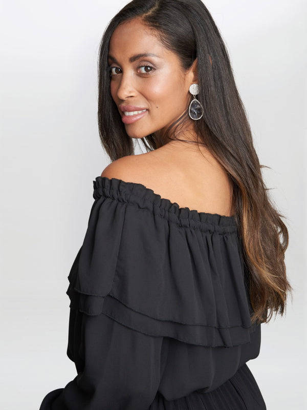 Gina Bacconi Tamora Blouse With Tiered Elastic Neckline BLACK