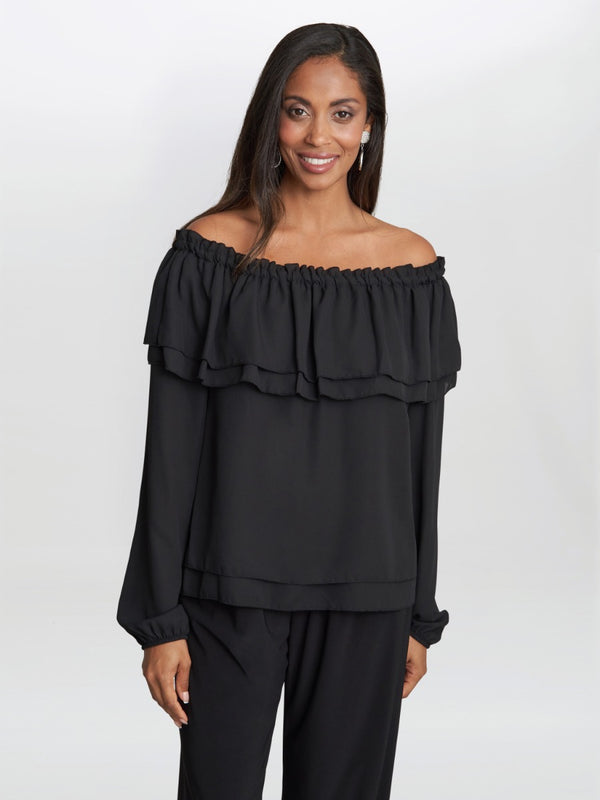 gina bacconi Tamora blouse with tiered elastic neckline BLACK