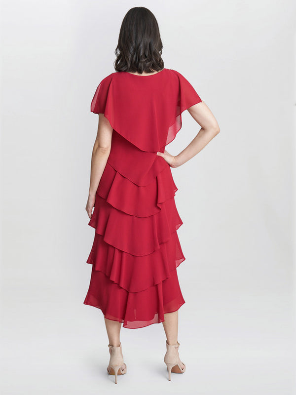 Gina Bacconi Tessa Midi Tiered Dress With Shoulder Trim Red