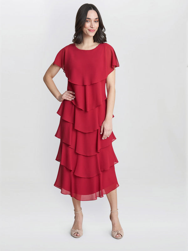 Gina Bacconi Tessa Midi Tiered Dress With Shoulder Trim Red