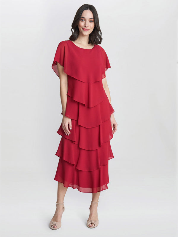 gina bacconi Tessa midi tiered dress with shoulder trim Red