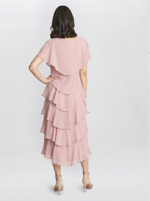 Gina Bacconi Tessa Midi Tiered Dress With Shoulder Trim ROSE PINK