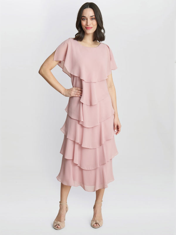 Gina Bacconi Tessa Midi Tiered Dress With Shoulder Trim ROSE PINK