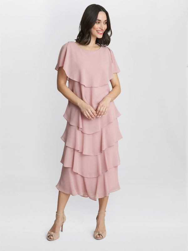 gina bacconi Tessa midi tiered dress with shoulder trim ROSE PINK