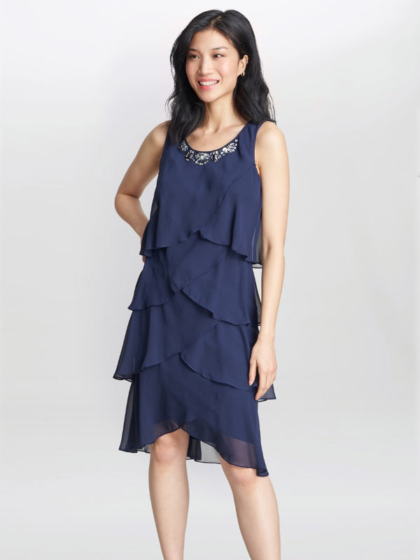 Gina Bacconi Toni Chiffon Tier Jacket Dress With Beaded Neck