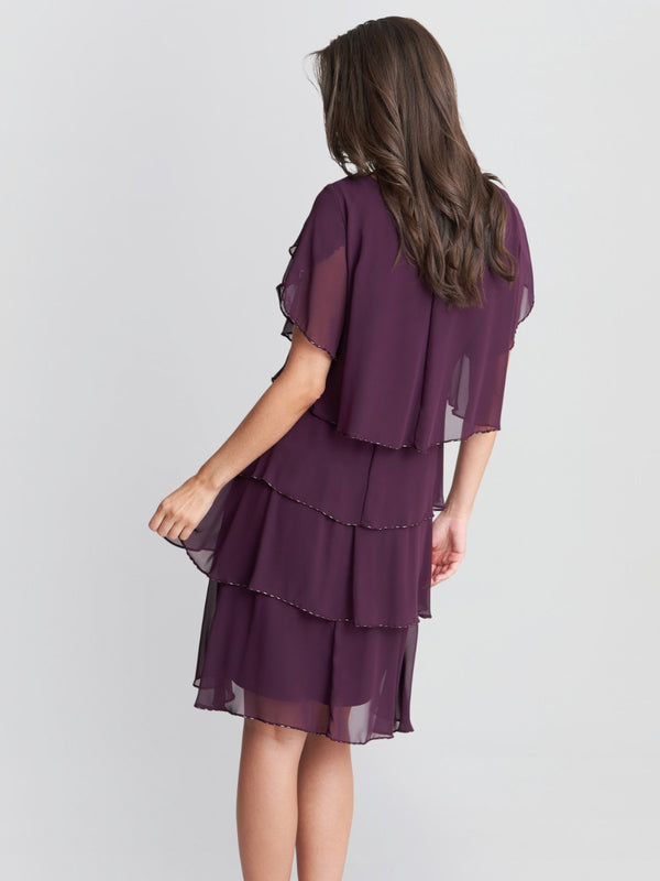 Gina Bacconi Trysta Bugle Beaded Trim Tiered Cocktail Dress With Flitter Sleeves