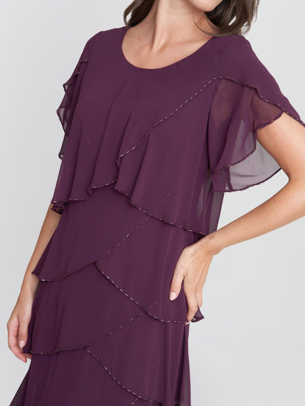 Gina Bacconi Trysta Bugle Beaded Trim Tiered Cocktail Dress With Flitter Sleeves