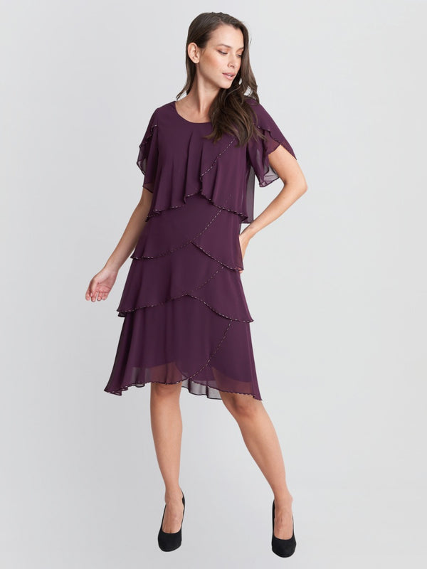 Gina Bacconi Trysta Bugle Beaded Trim Tiered Cocktail Dress With Flitter Sleeves