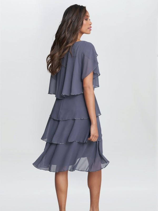 Gina Bacconi Trysta Bugle Beaded Trim Tiered Cocktail Dress With Flitter Sleeves