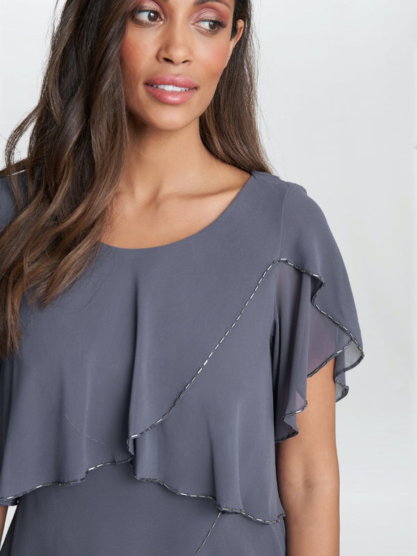 Gina Bacconi Trysta Bugle Beaded Trim Tiered Cocktail Dress With Flitter Sleeves