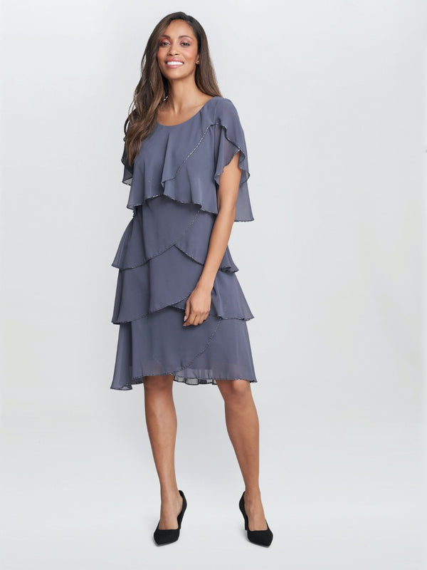 Gina Bacconi Trysta Bugle Beaded Trim Tiered Cocktail Dress With Flitter Sleeves