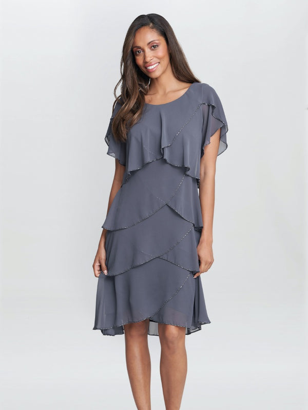 gina bacconi Trysta bugle beaded trim tiered cocktail dress with flitter sleeves