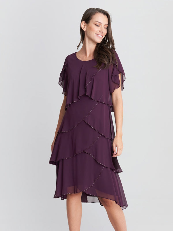 gina bacconi Trysta bugle beaded trim tiered cocktail dress with flitter sleeves
