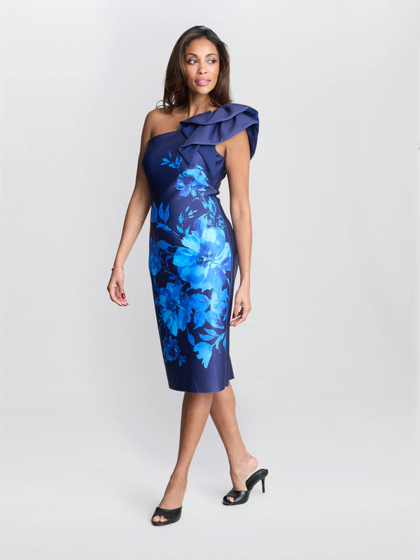 Gina Bacconi Venus Printed Asymmetric Dress With Frill Sleeve