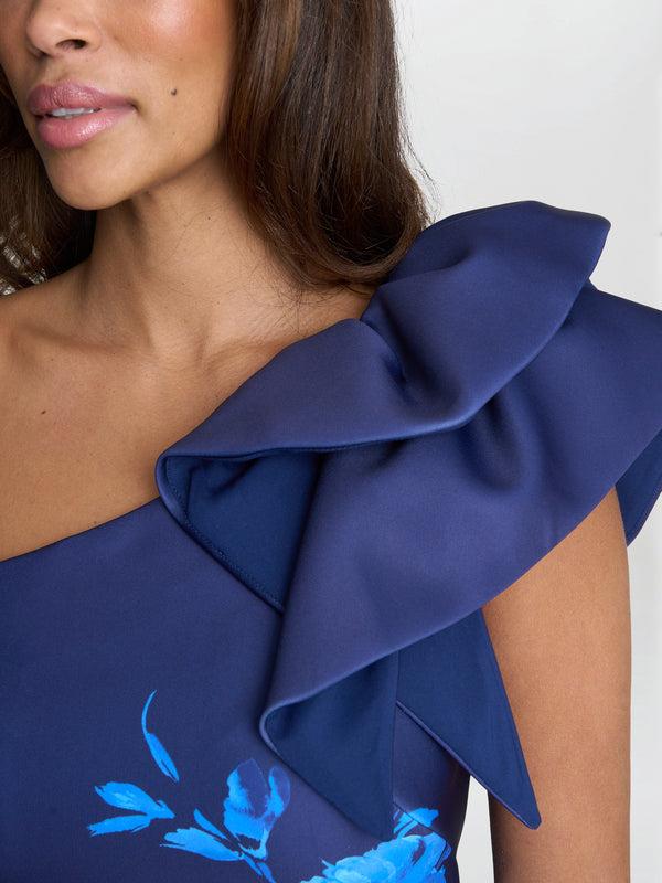 Gina Bacconi Venus Printed Asymmetric Dress With Frill Sleeve