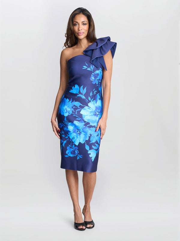 gina bacconi Venus printed asymmetric dress with frill sleeve
