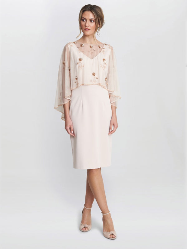 Gina Bacconi Vera Beaded Cape With Delicate Small Flowers ANTIQUE ROSE