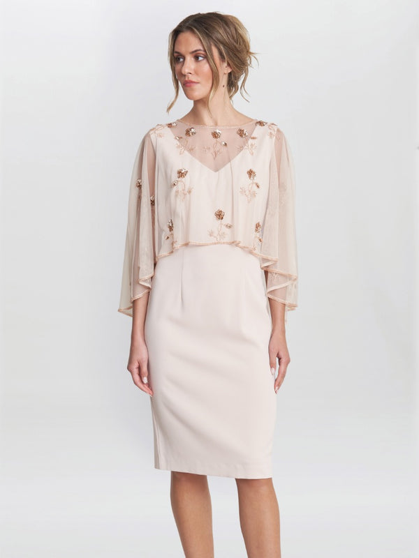 gina bacconi Vera beaded cape with delicate small flowers ANTIQUE ROSE