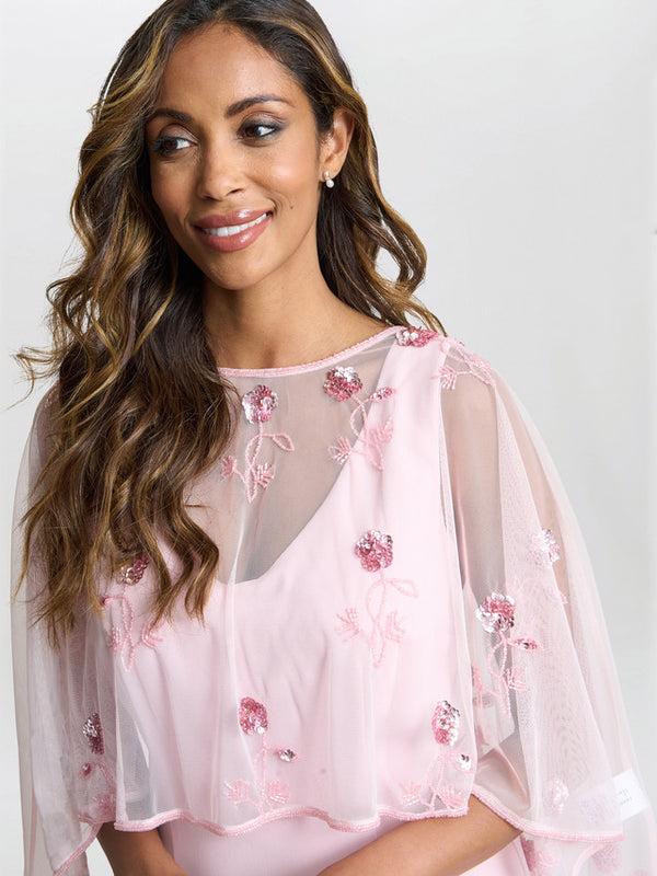 Gina Bacconi Vera Beaded Cape With Delicate Small Flowers Potpourri Pink