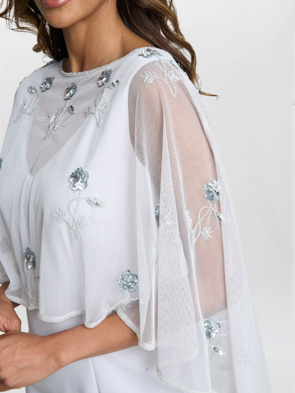 Gina Bacconi Vera Beaded Cape With Delicate Small Flowers SILVER MIST