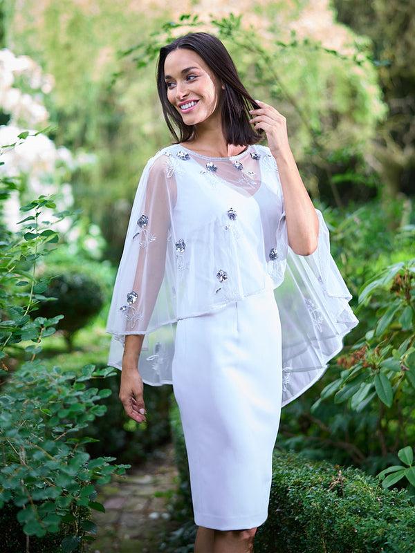 gina bacconi Vera beaded cape with delicate small flowers SILVER MIST