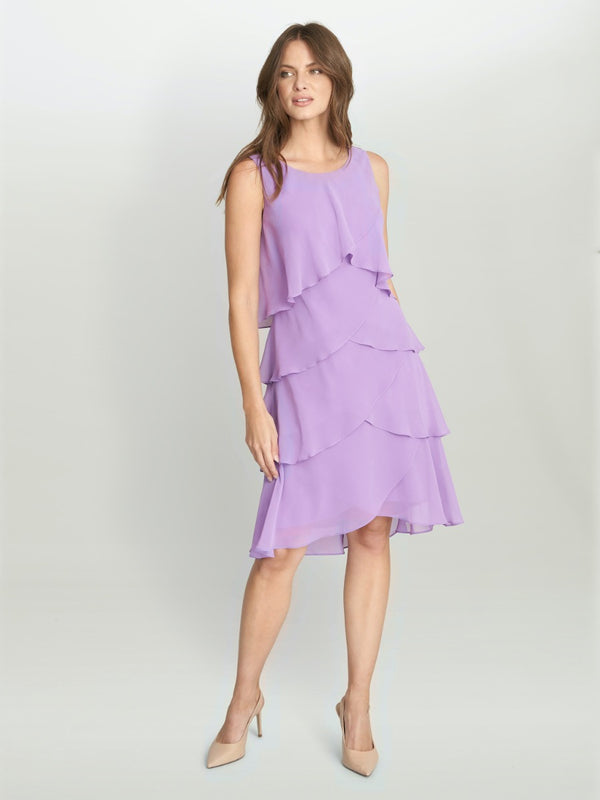 Gina Bacconi Vesta Jewel-shoulder Tiered Cocktail Dress AMETHYST